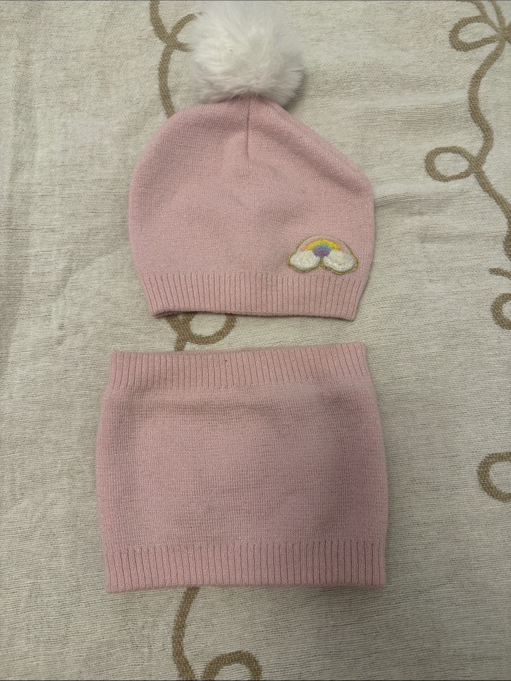 Kids Pink Pom Pom Beanie and Neck Warmer Set with Rainbow Patch